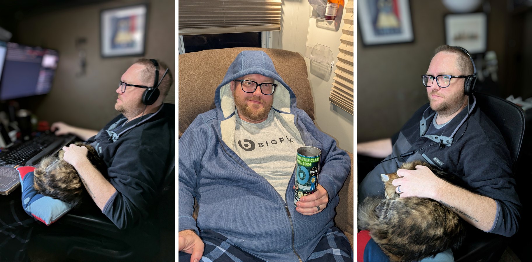 Three photos of Casey inside the BigFox travel trailer. Center: in a hooded sweatshirt and pajama pants in a recliner at night, holding a BigFix Master Class tube. Left and right: at his desk in the early afternoon, wearing a headset, with a cat asleep across his lap.